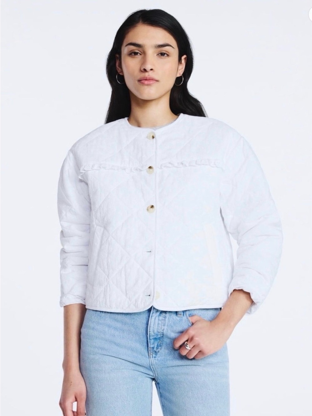 Women's Scoop White Cotton Eyelet Jacket with Puff Sleeves, Size Medium